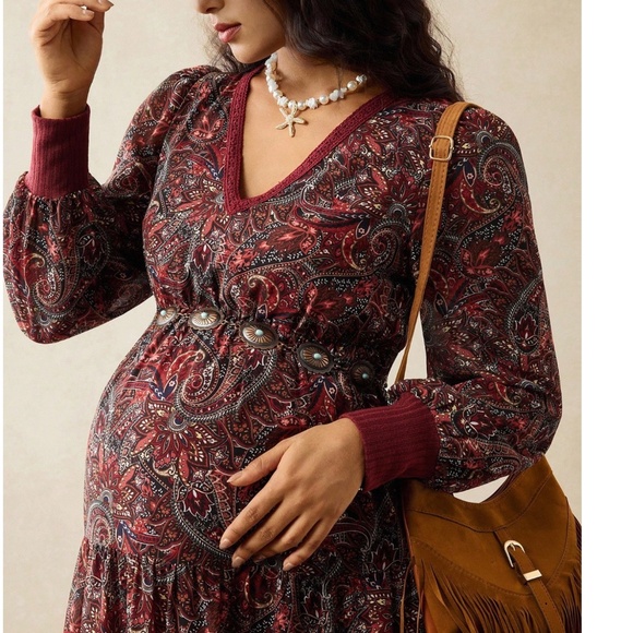 Maternity Paisley Print V neck High Waisted Long sleeve Dress - Picture 2 of 5